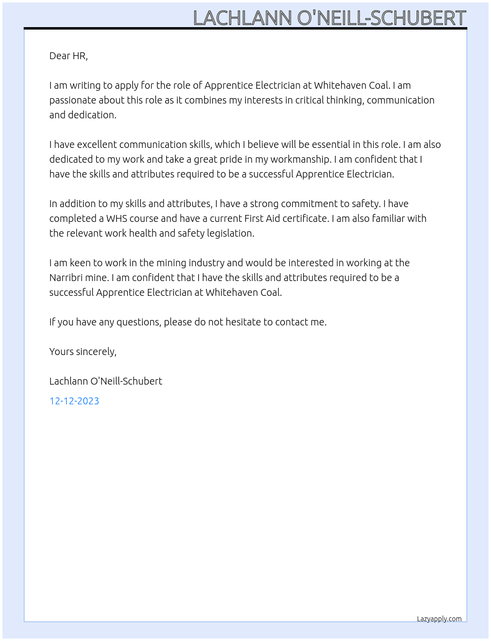 Apprentice Electrician  At Whitehaven Coal Cover Letter