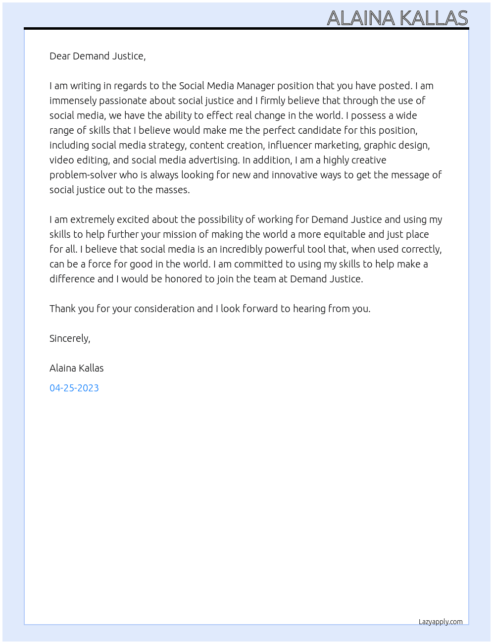 Social Media Manager At Demand Justice Cover Letter
