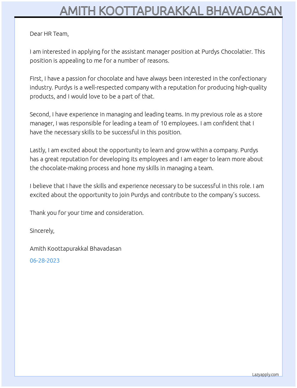 Assistant manager At Purdys Chocolatier Cover Letter