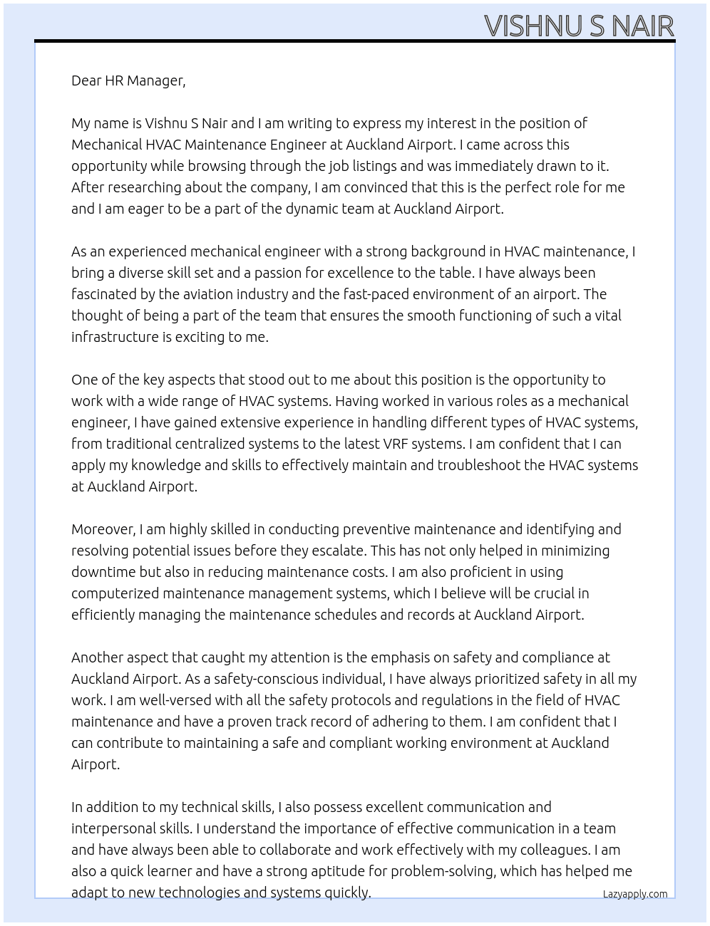 mechanical HVAC maintenance engineer At Auckland Airport Cover Letter