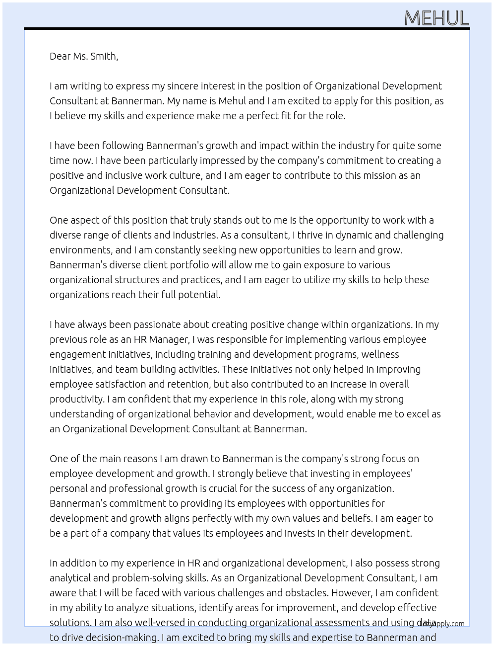 organizational development consultant At bannerman Cover Letter