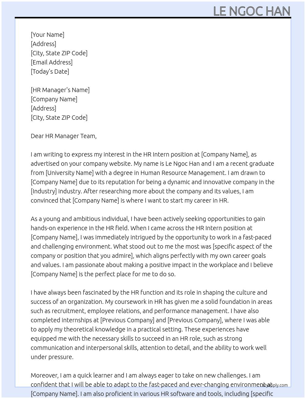 hr intern At Le Ngoc Han Cover Letter