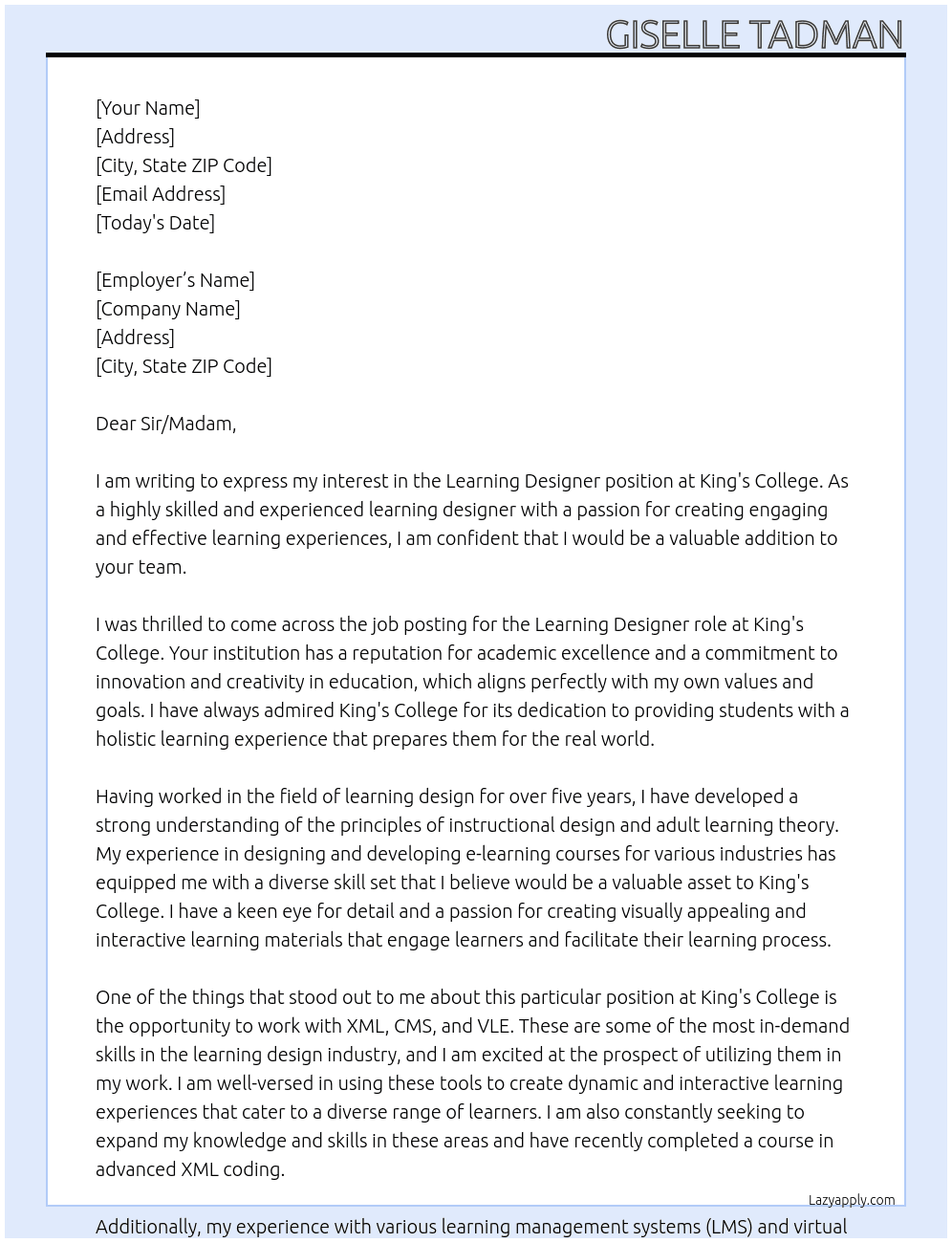 Learning designer At King's college Cover Letter