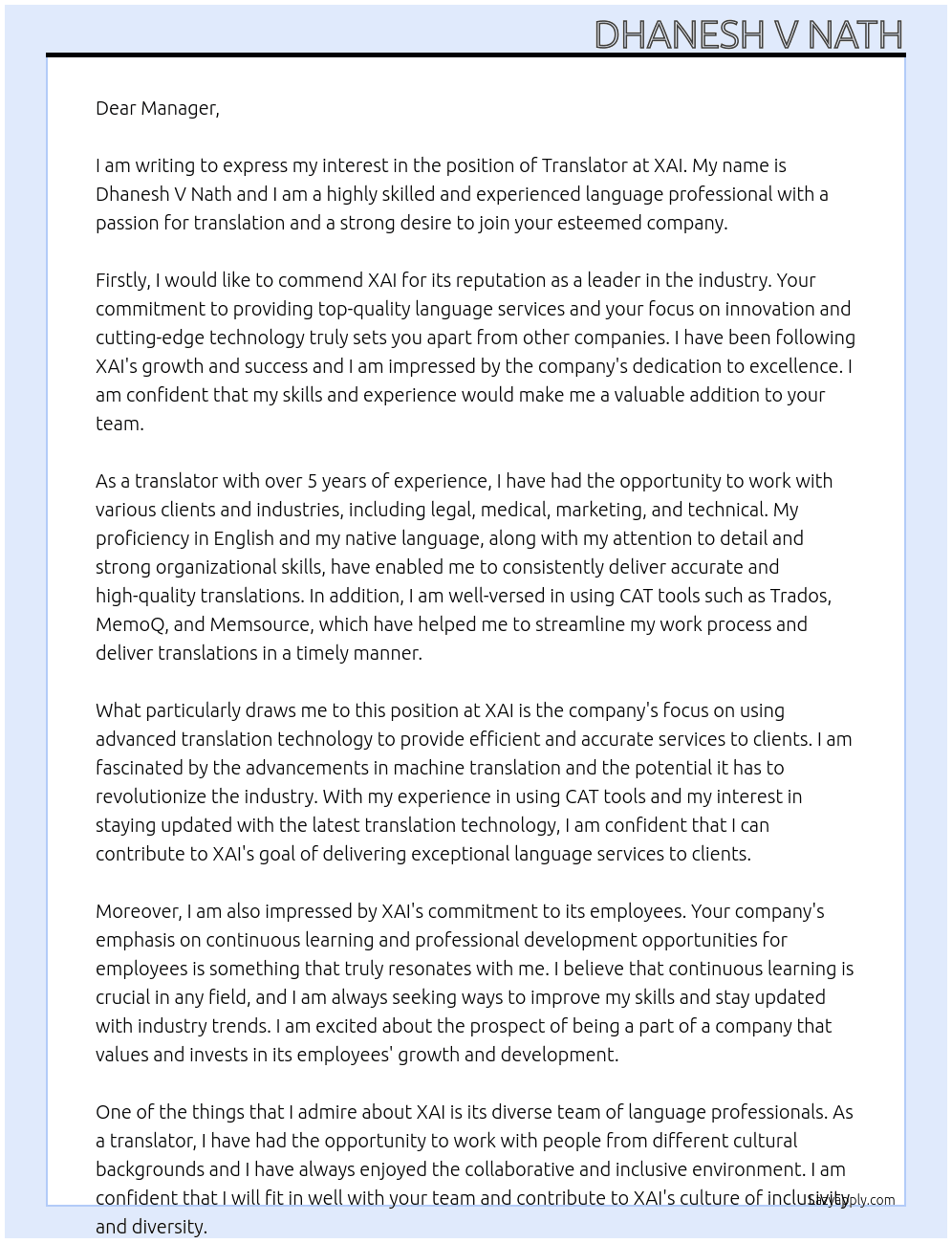 TRANSLATOR At XAI Cover Letter