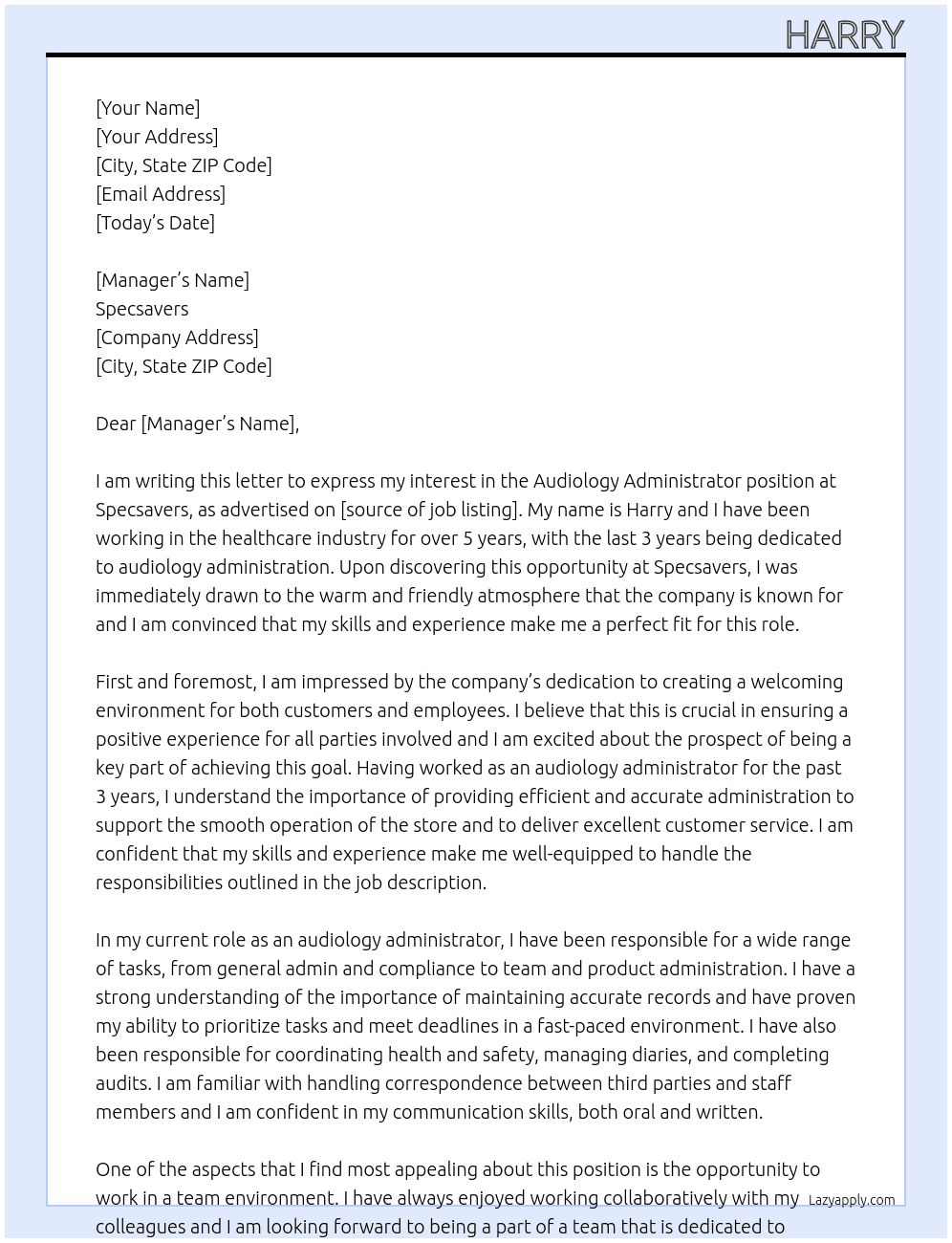 audiology administrator At specsavers Cover Letter
