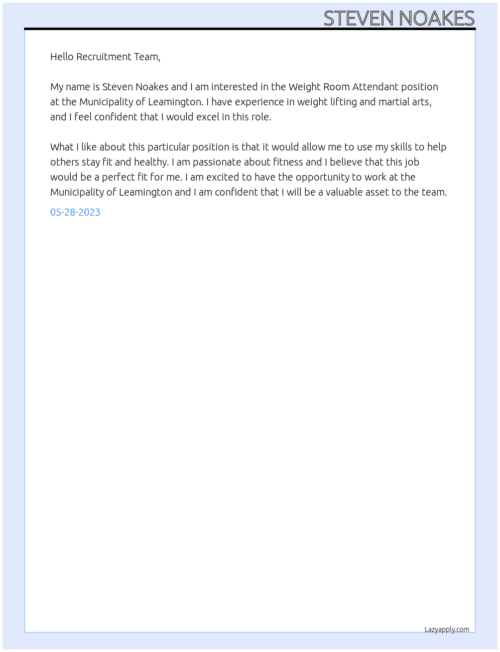 Weight Room Attendant At Municipality of Leamington Cover Letter