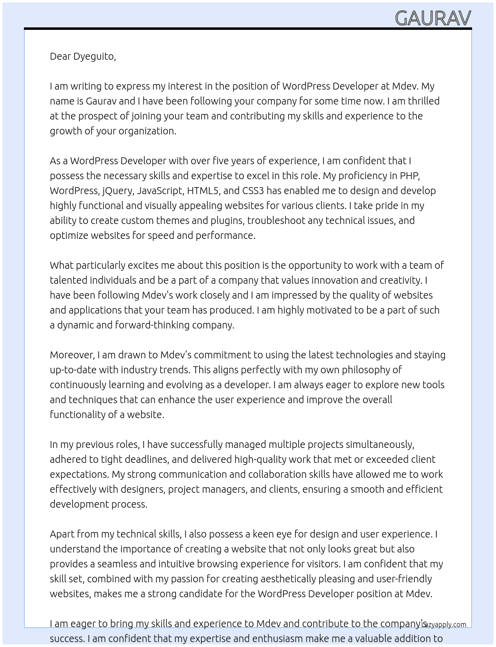 WordPress Developer At Mdev Cover Letter