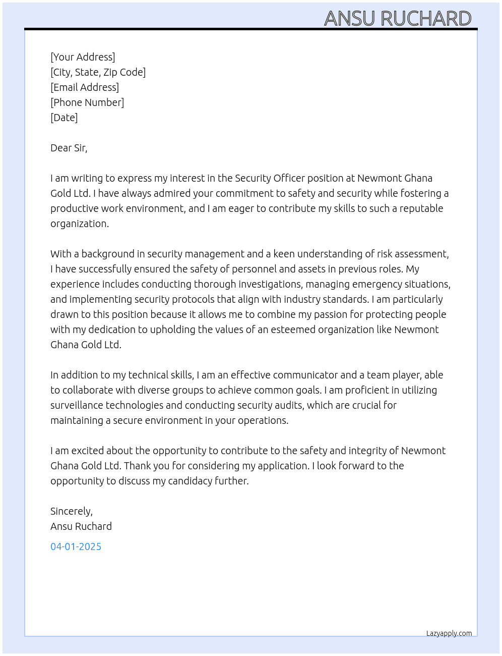 Cover letter for securityofficer - LazyApply