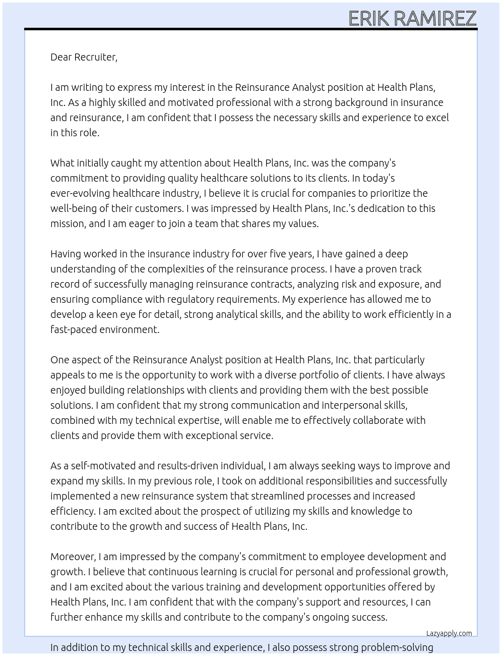 Reinsurance Analyst At Health Plans, Inc. Cover Letter