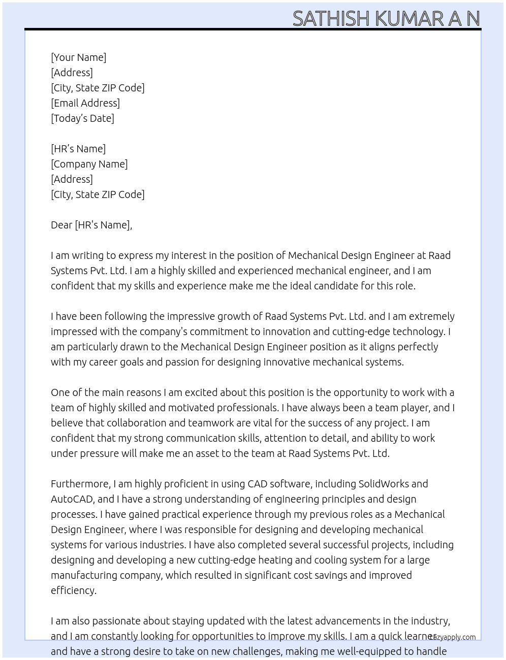 Mechanical Design Engineer At  Raad Systems Pvt. Ltd. Cover Letter