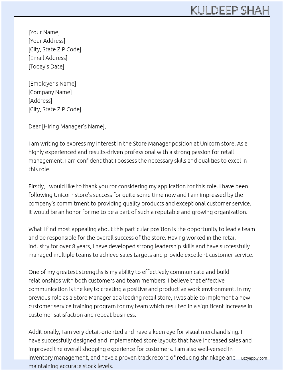 Store manager  At Unicorn store Cover Letter