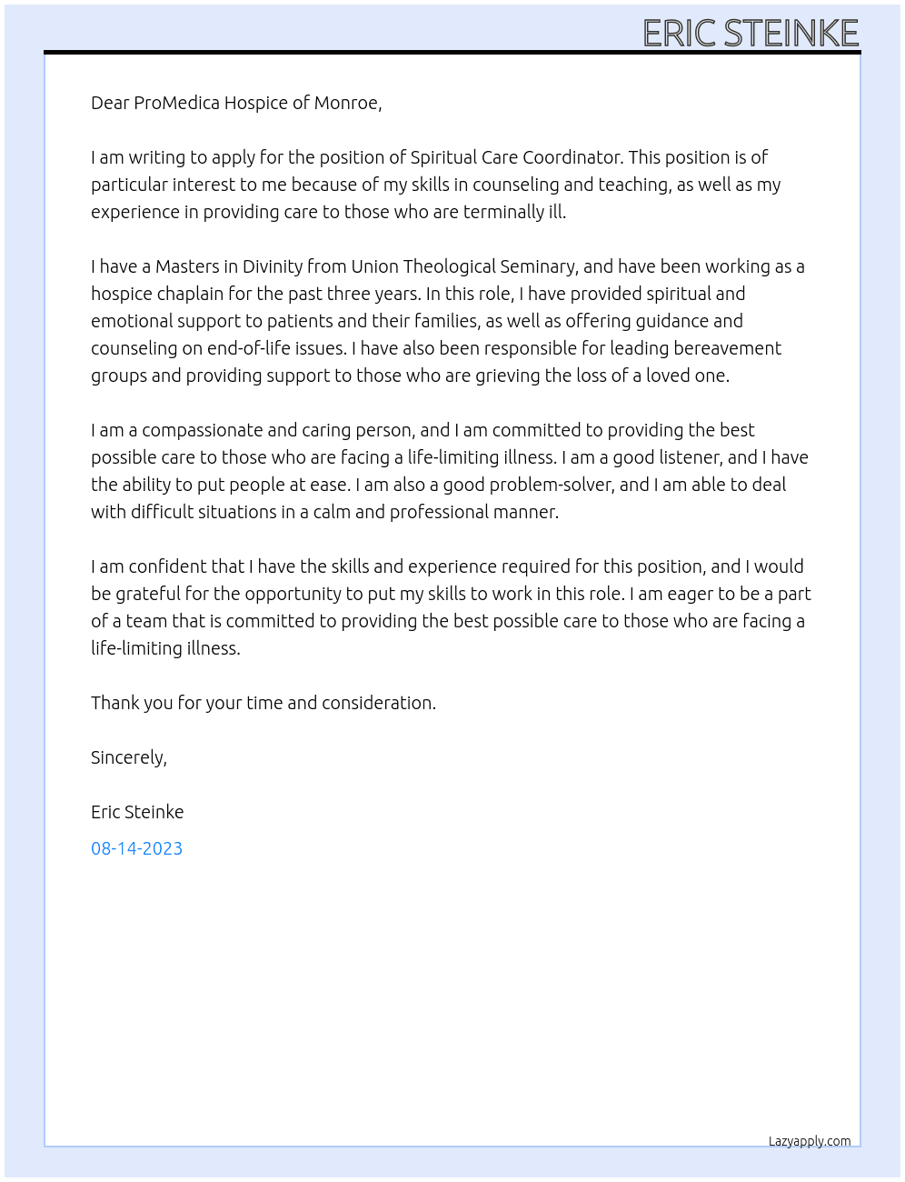 Spiritual Care Coordinator At Hospice Cover Letter