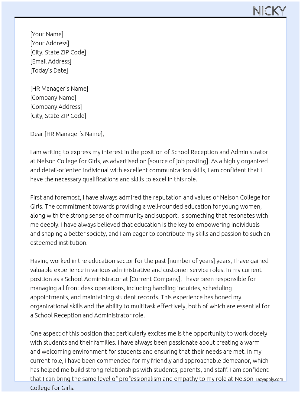 School Reception and Administrato At Nelson College for Girls Cover Letter