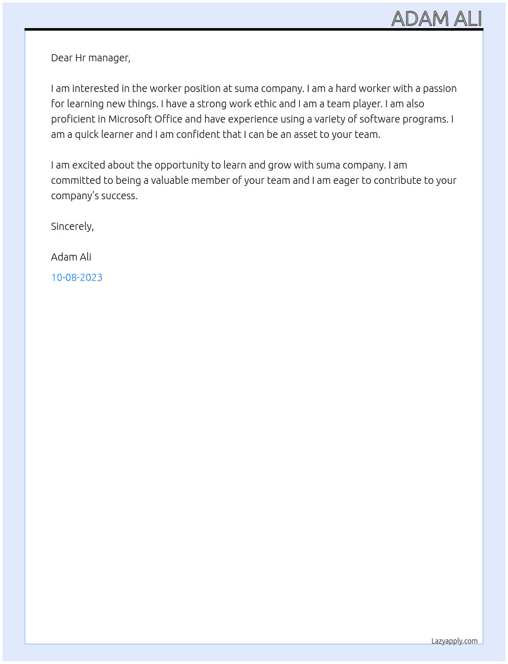 worker At suma company Cover Letter