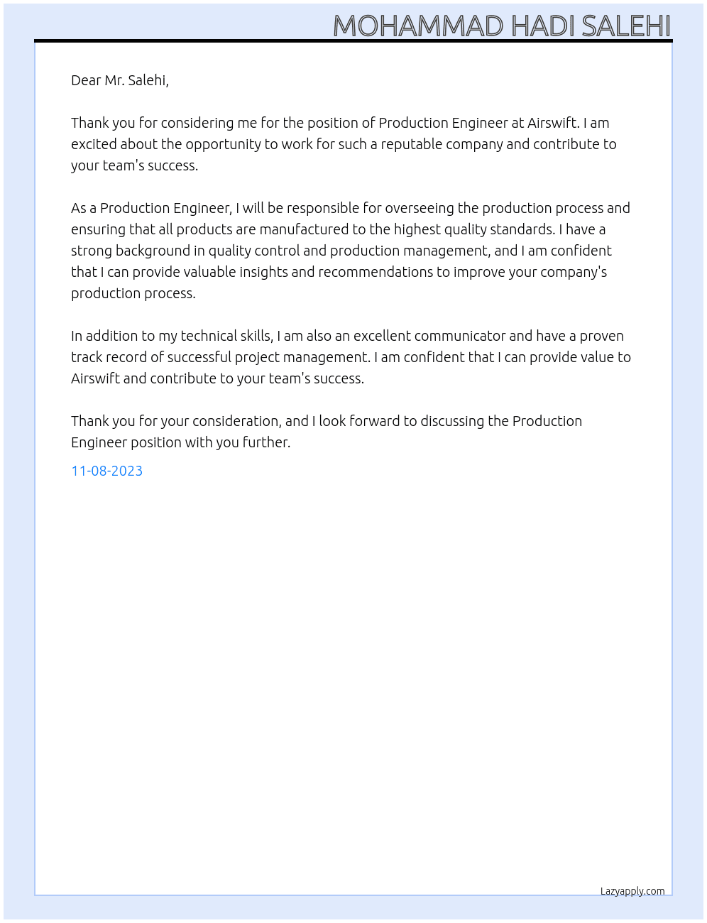 Production Engineer At Airswift Cover Letter