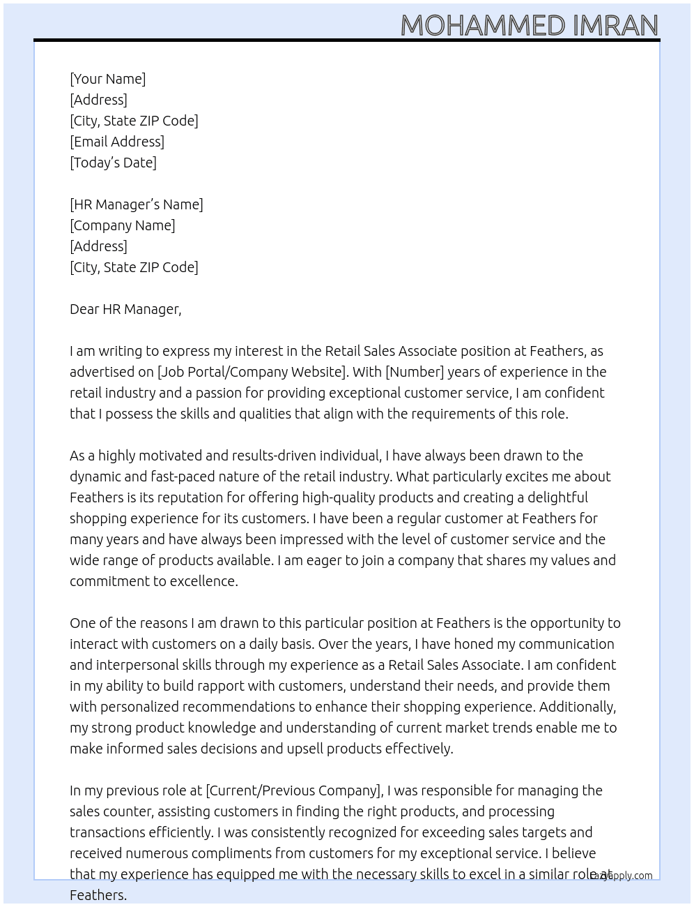 Retail Sales associate  At Feathers Cover Letter