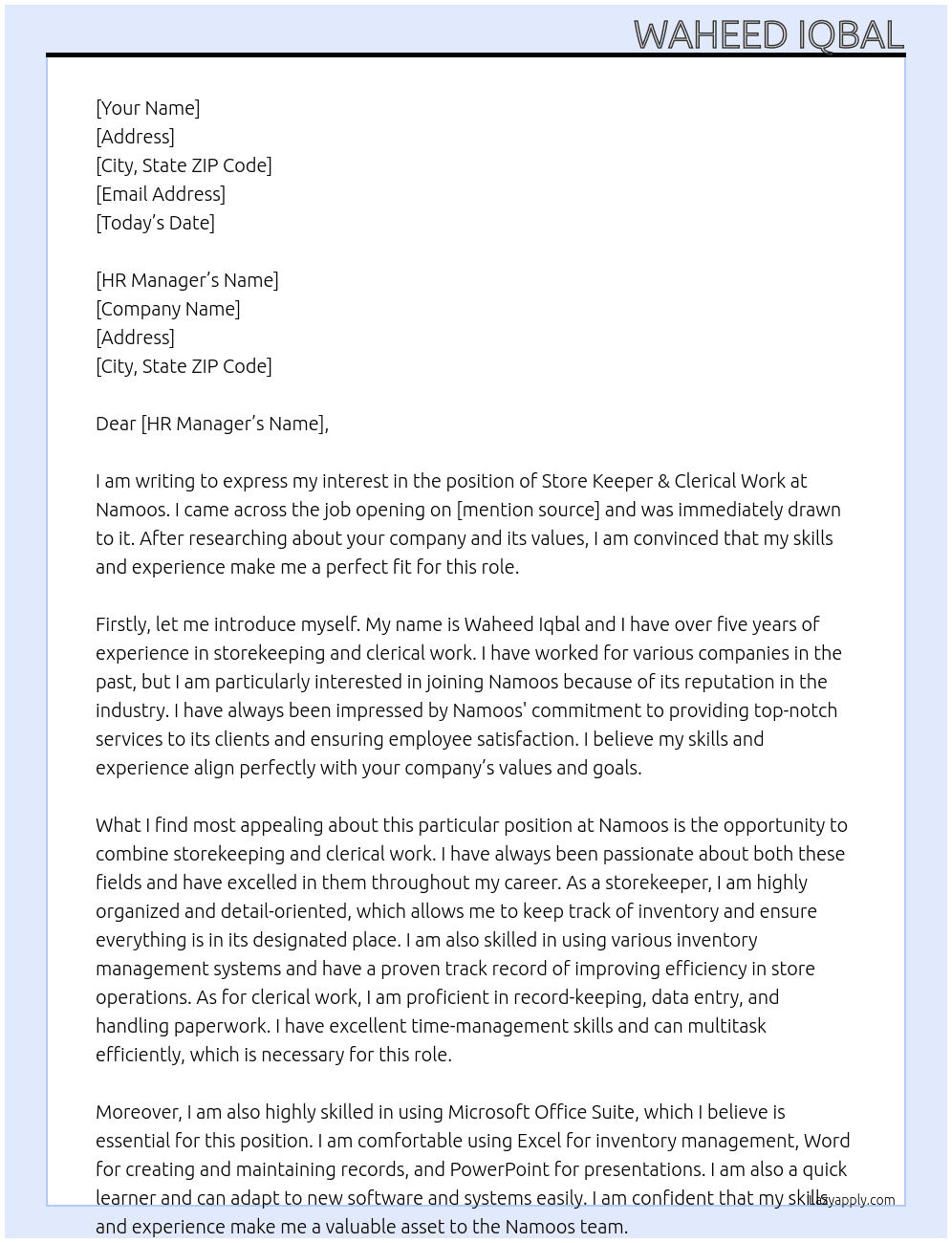 Store Keeper & Clerical Work  At Namoos Cover Letter
