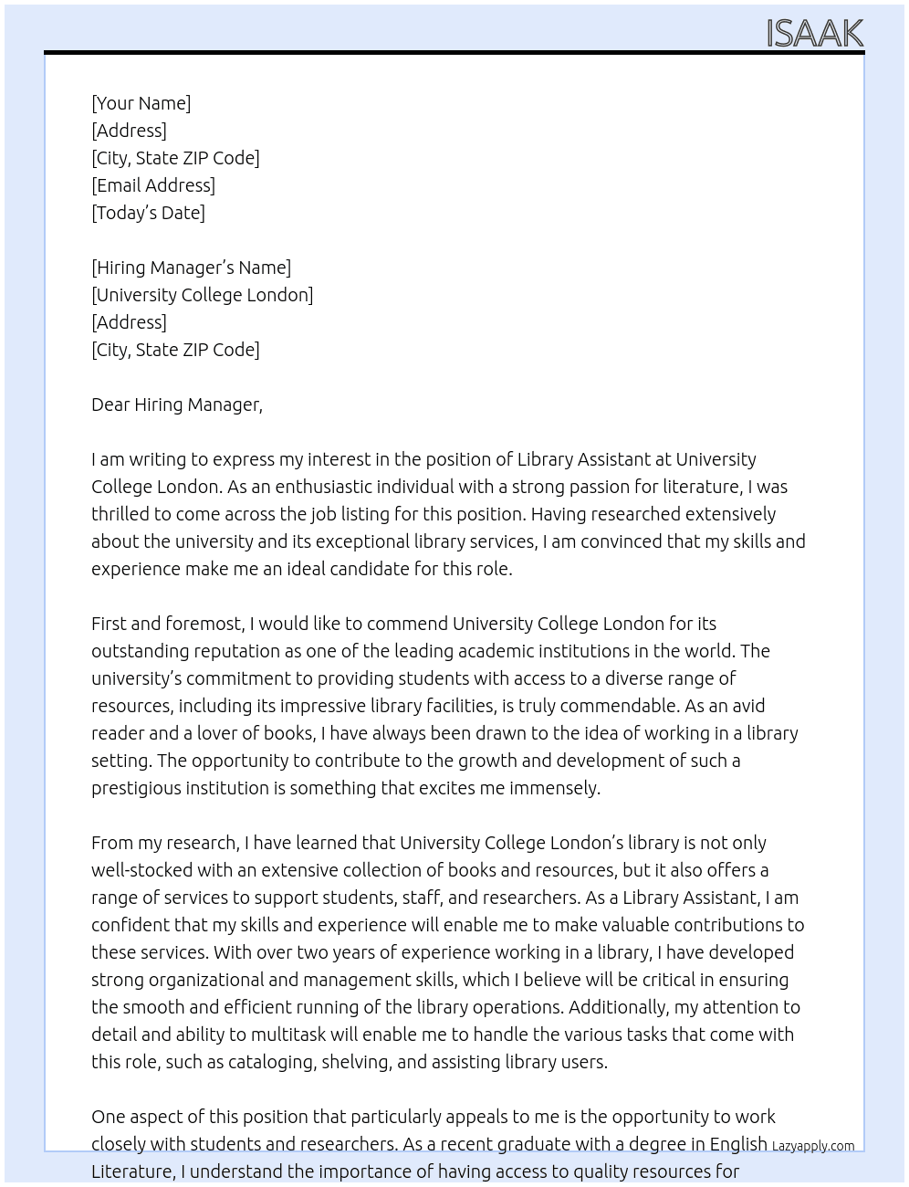 Library assistant  At university college London  Cover Letter