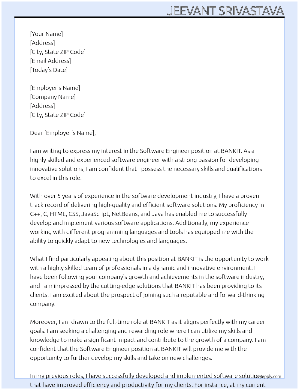 Software Engineer At BANKIT Cover Letter