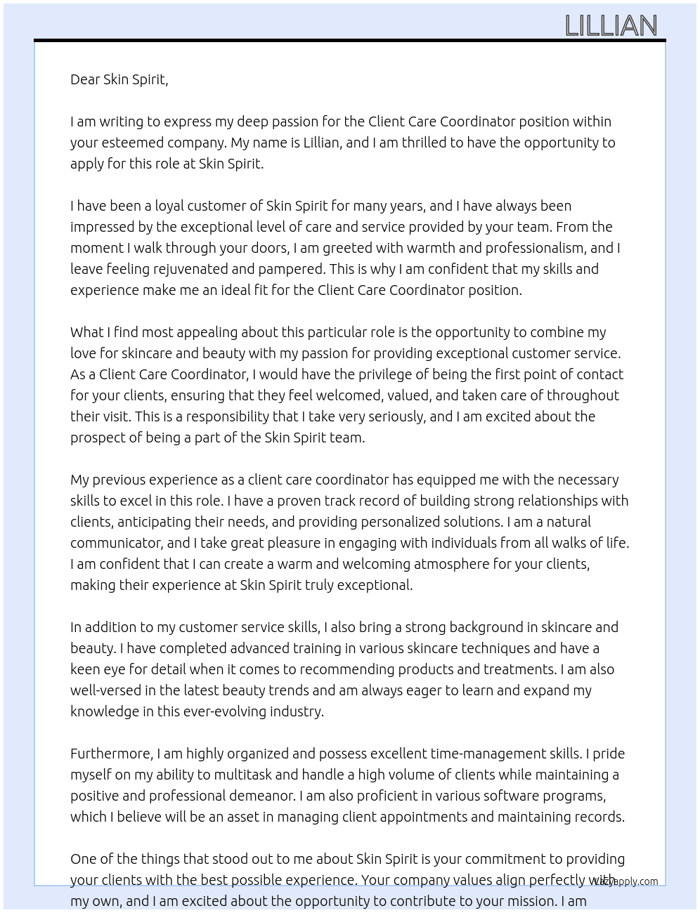 client care coordinator At Skin Spirit Cover Letter