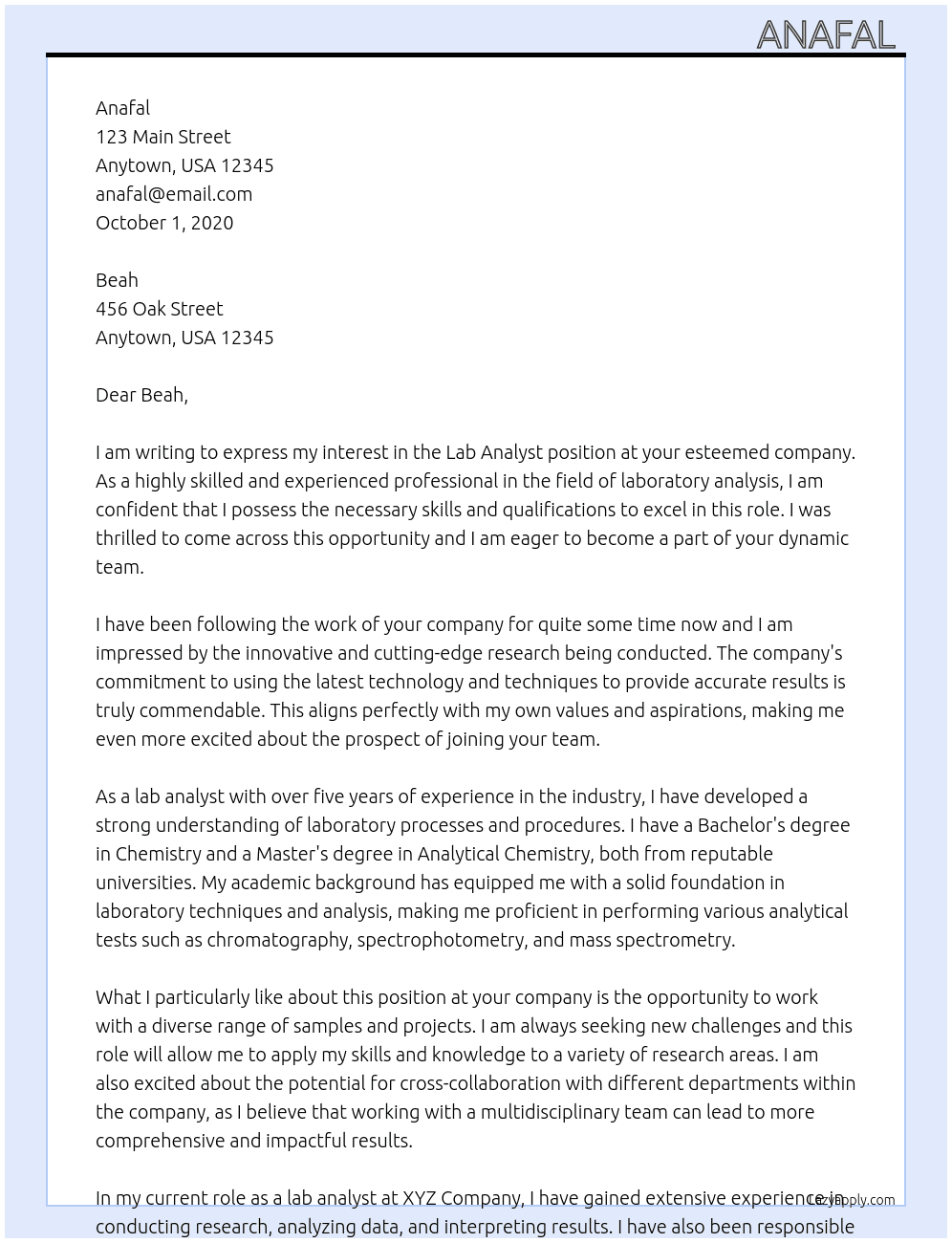 Lab analyst At Beah Cover Letter