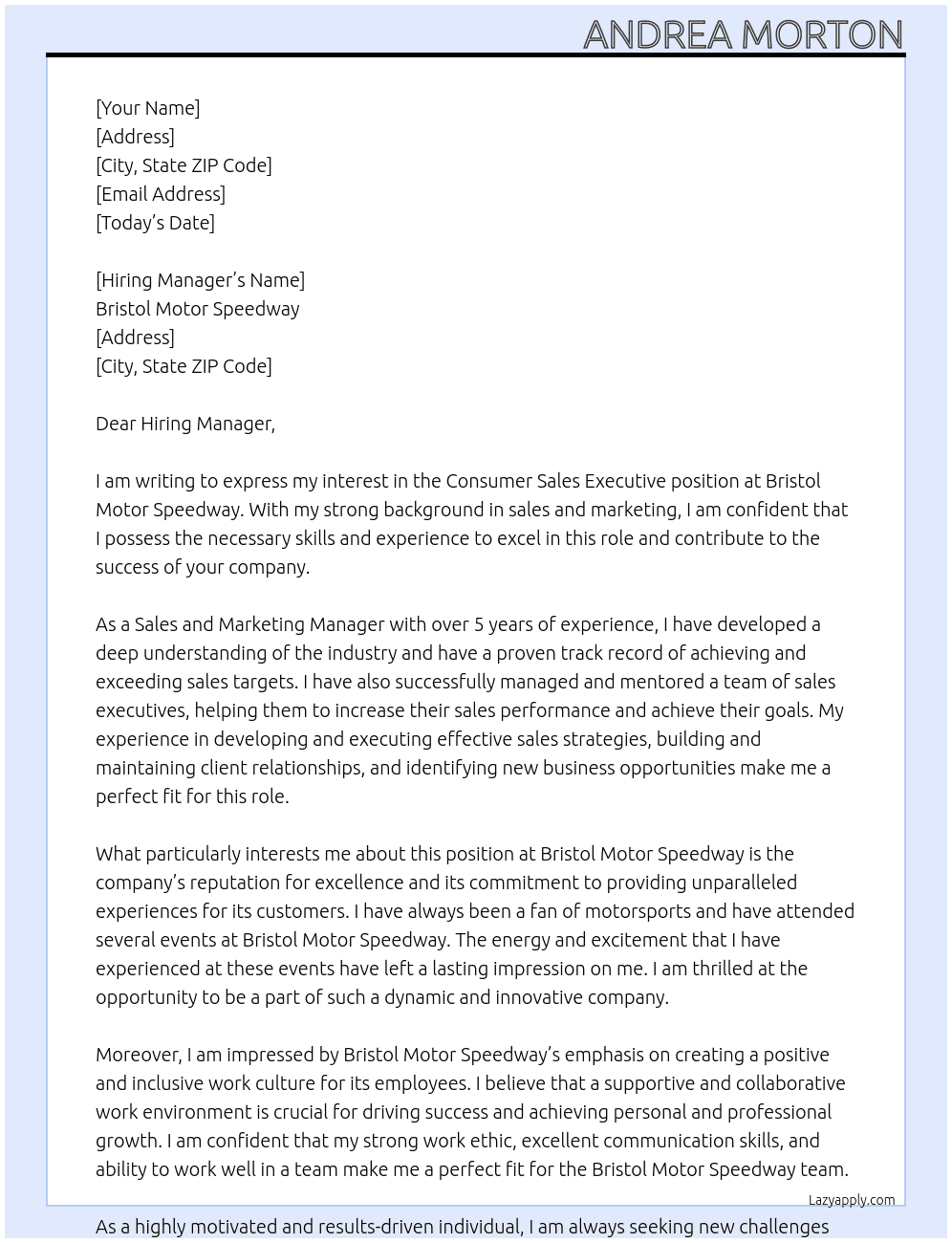 Consumer sales executive At Bristol Motor Speedway Cover Letter