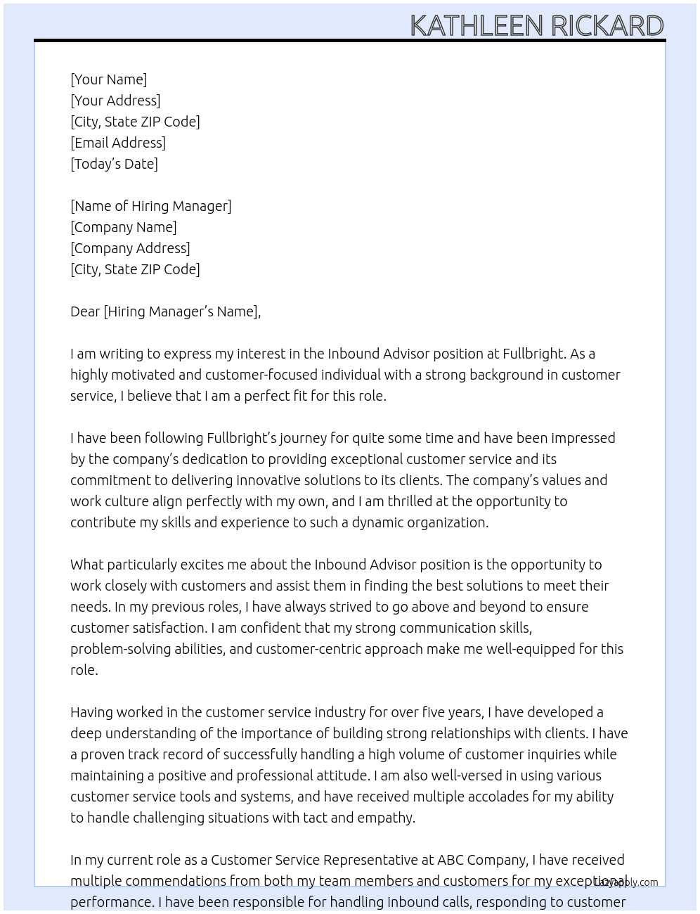 Inbound advisor At Fullbright Cover Letter
