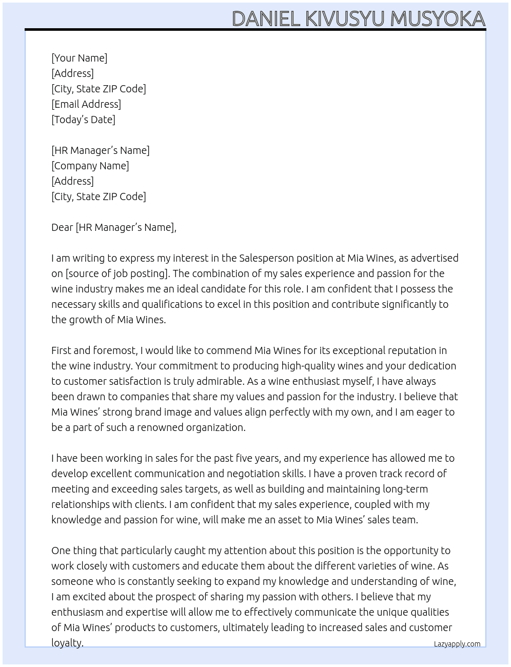 Salesperson At Mia Wines Cover Letter