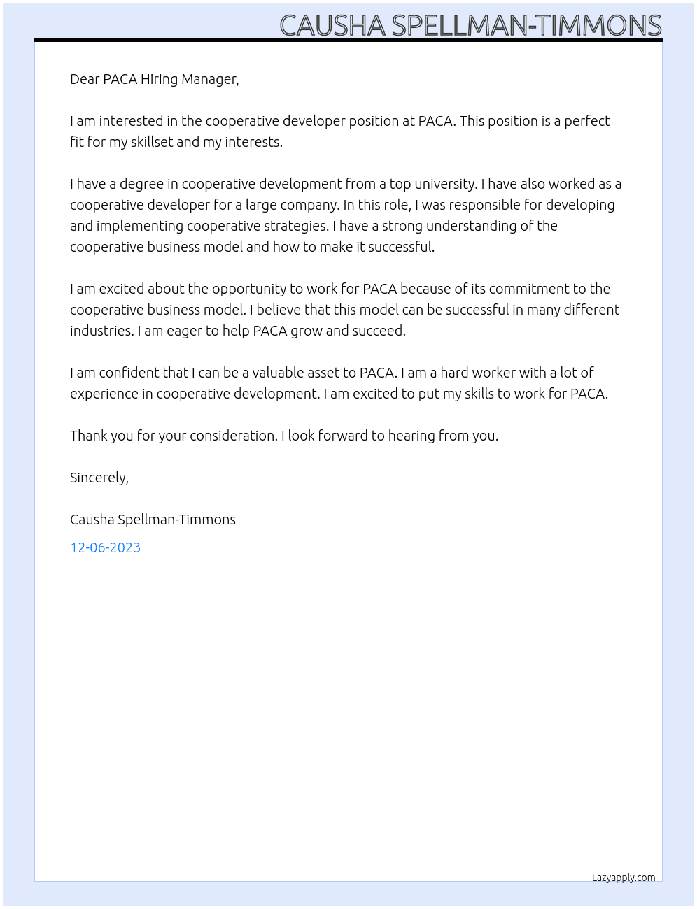 cooperative developer At PACA Cover Letter