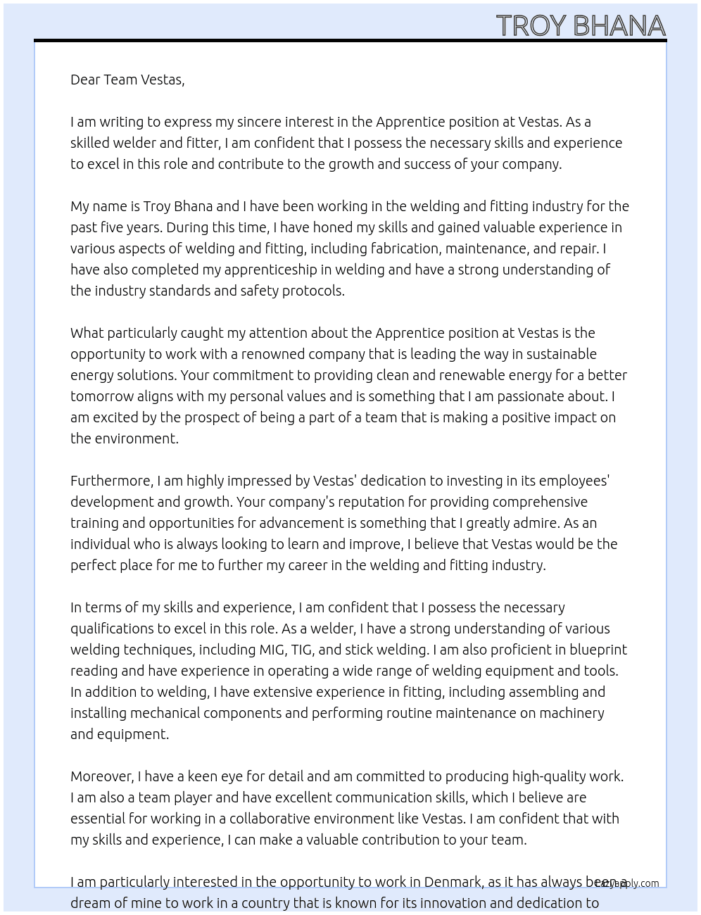 Apprentice At Vestas Cover Letter