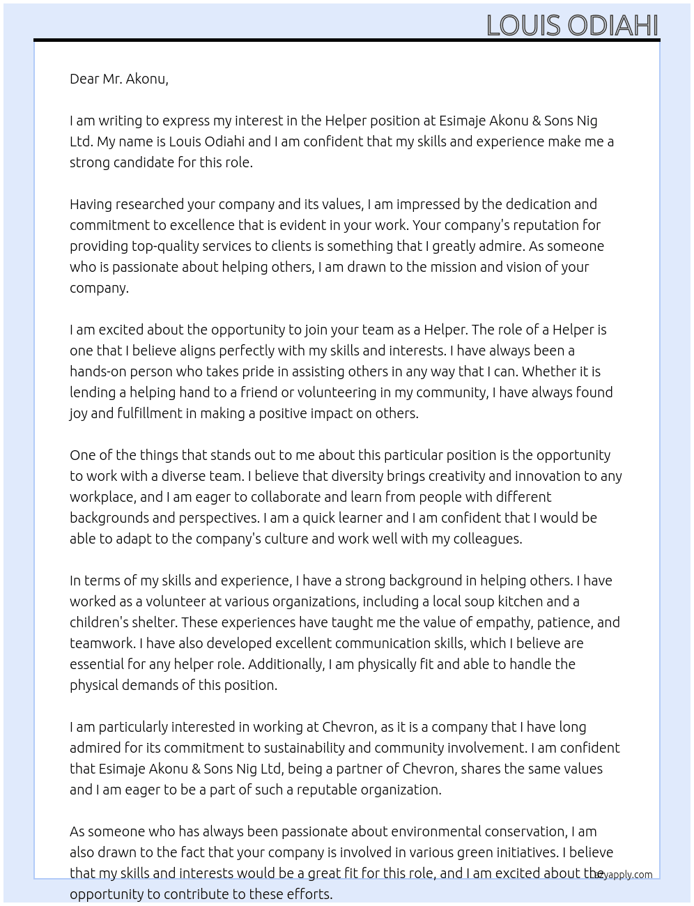 Helper  At Esimaje Akonu & Sons Nig Ltd Cover Letter