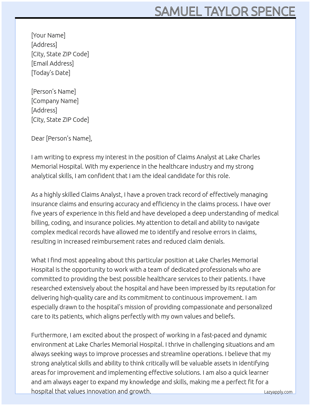 Claims Analyst  At Lake Charles Memorial Hospital Cover Letter