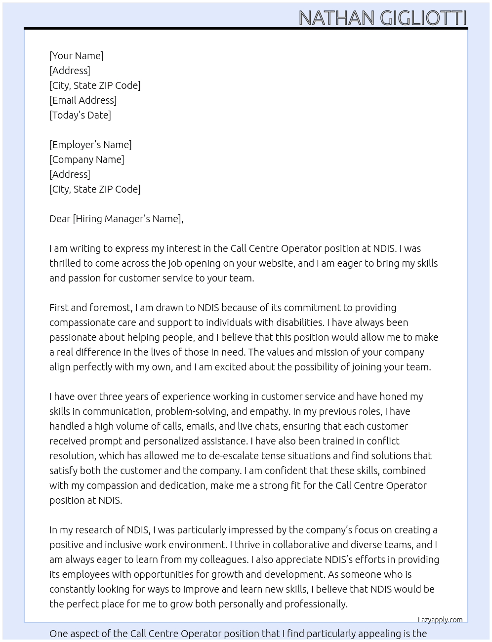 Call Centre Operator At NDIS Cover Letter
