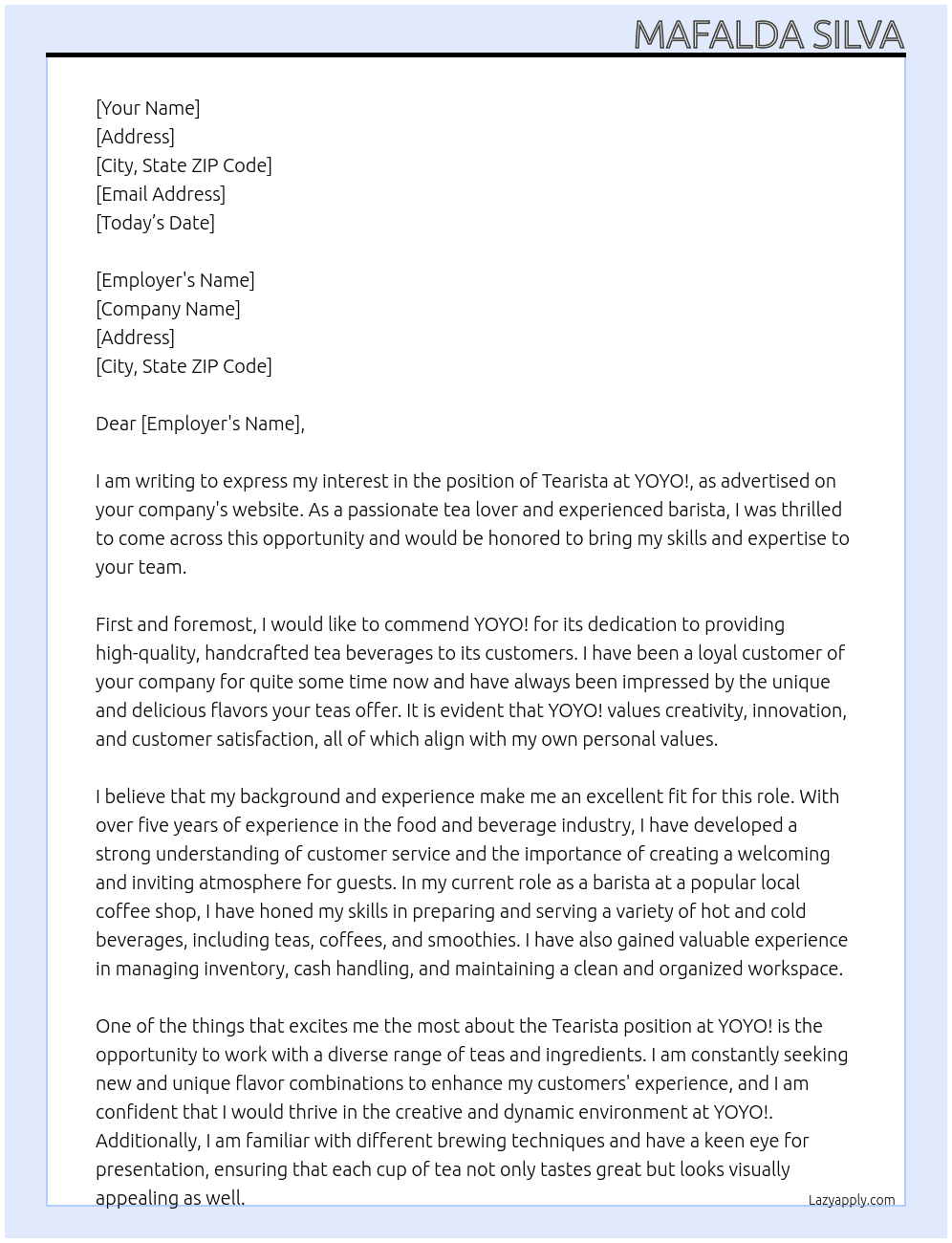 Tearista At YOYO! Cover Letter