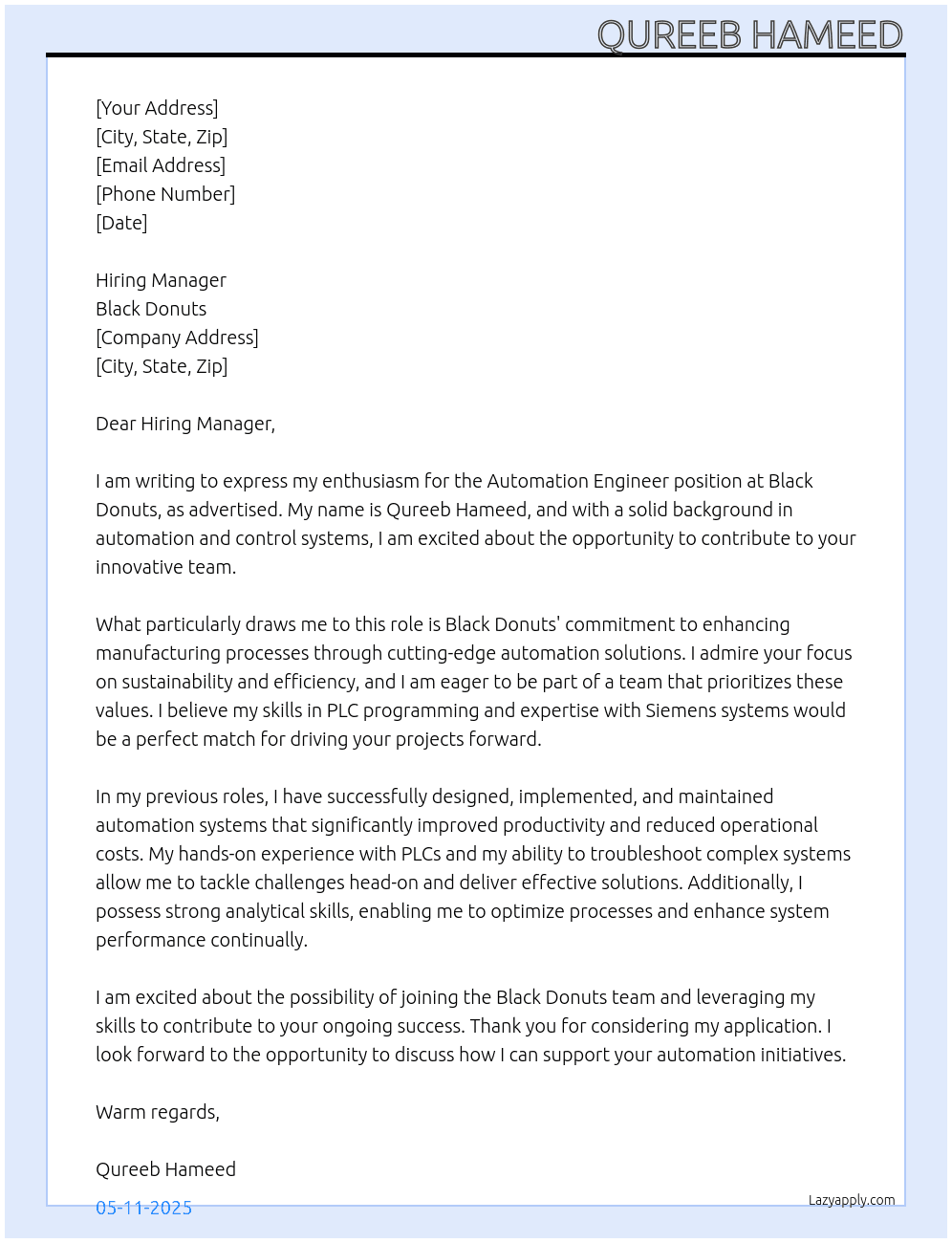 Automation Engineer At Black Donuts Cover Letter