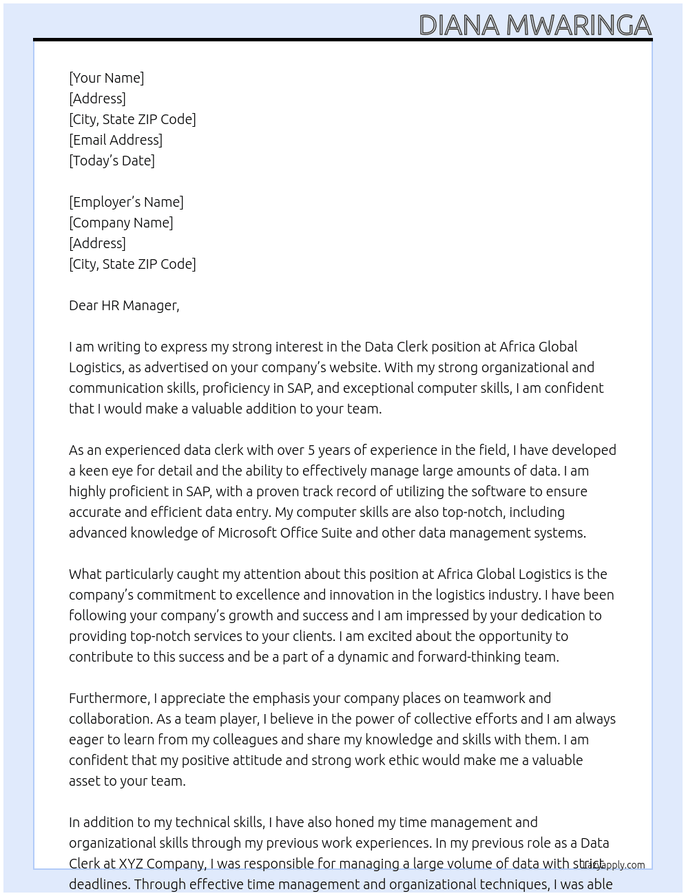 Data Clerk At Africa Global Logistics Cover Letter