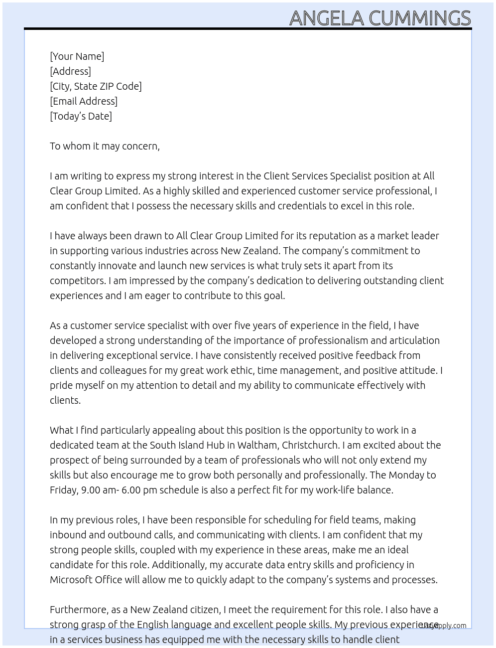 Client Services Specialist At All Clear Group Limited Cover Letter
