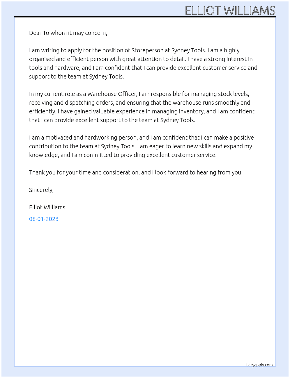 Storeperson At Sydney Tools Cover Letter