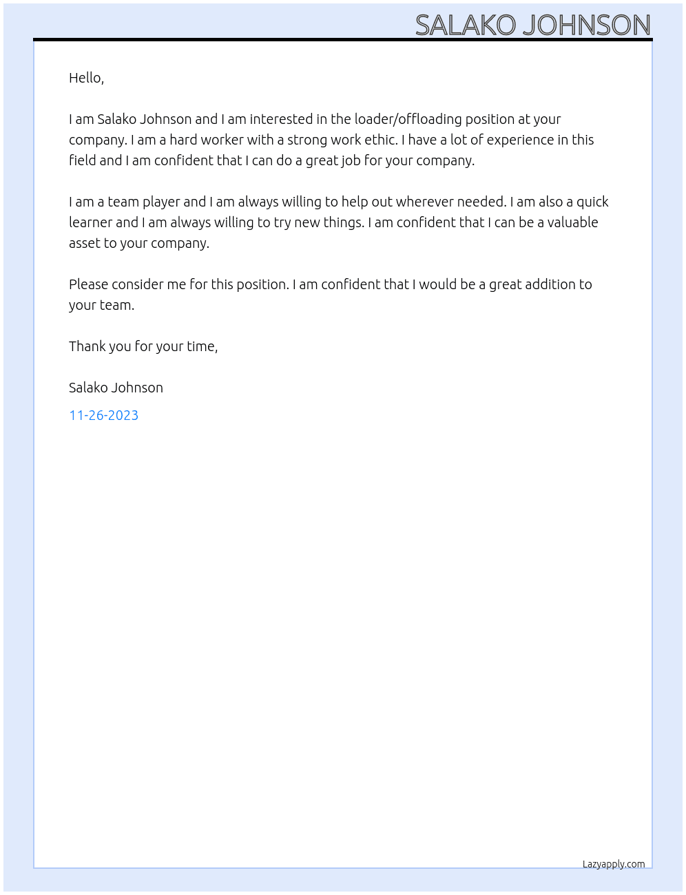 loader/offloading At Salako Johnson Cover Letter