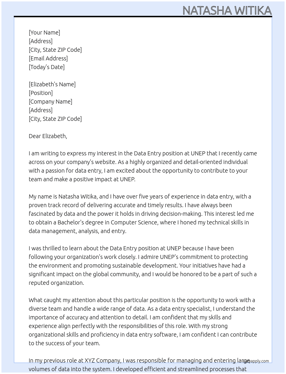 data entry At unep Cover Letter
