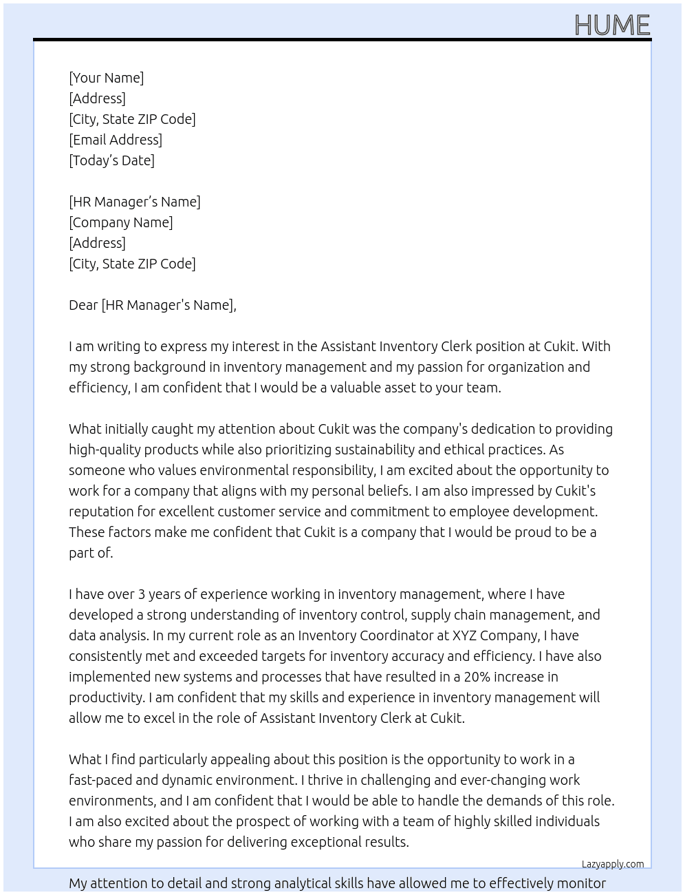 assistant inventory clerk  At cukit Cover Letter