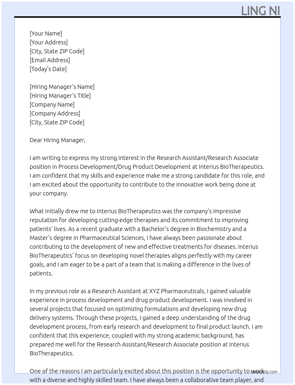 Research Assistant/Research Associate, Process Development/Drug Product Development At Interius BioTherapeutics Cover Letter