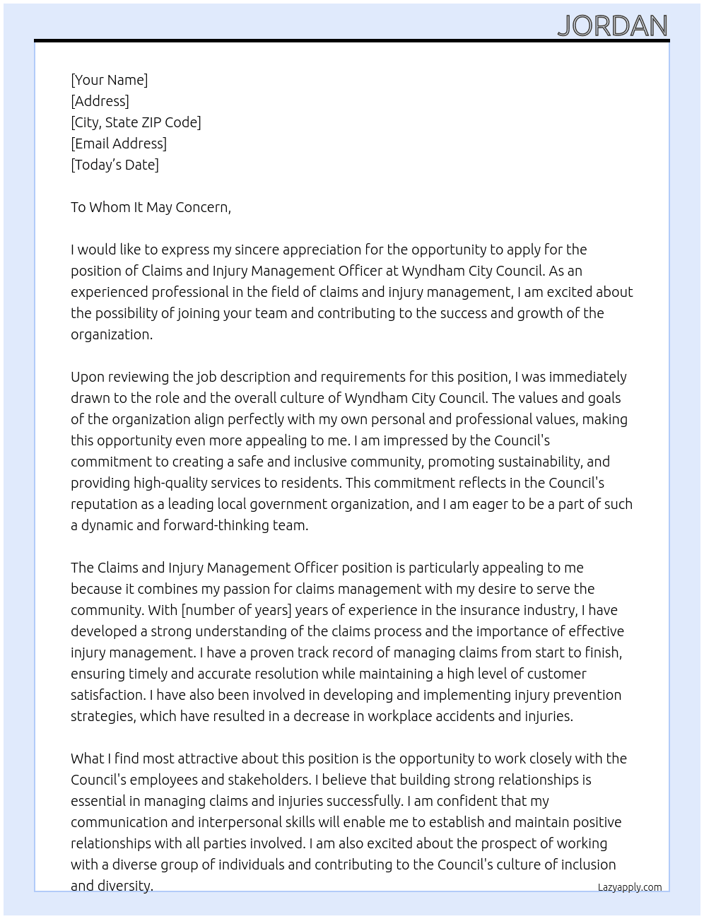 Claims and Injury Management Officer At Wyndham City Council Cover Letter