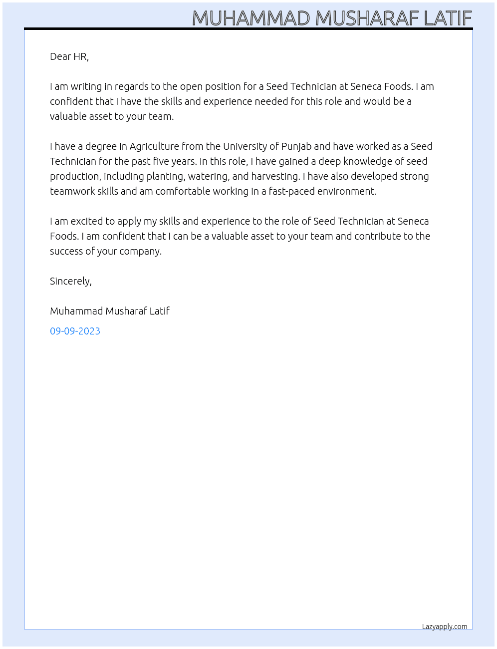 Seed Technician At Seneca foods Cover Letter