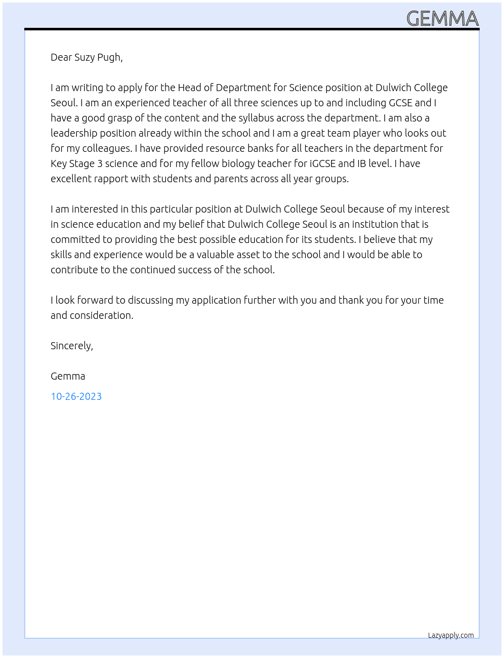 Head of Department for Science At Dulwich College Seoul Cover Letter