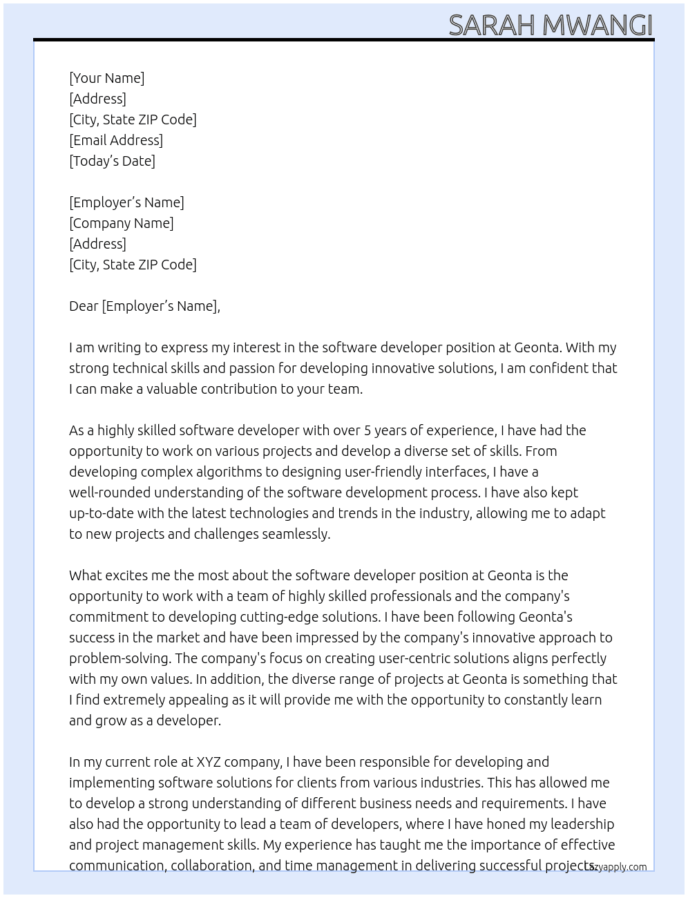 software developer At geonta Cover Letter