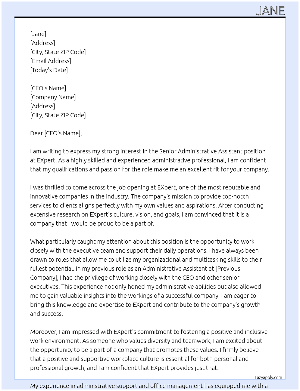 Senior Administrative Assistant  At EXpert Cover Letter