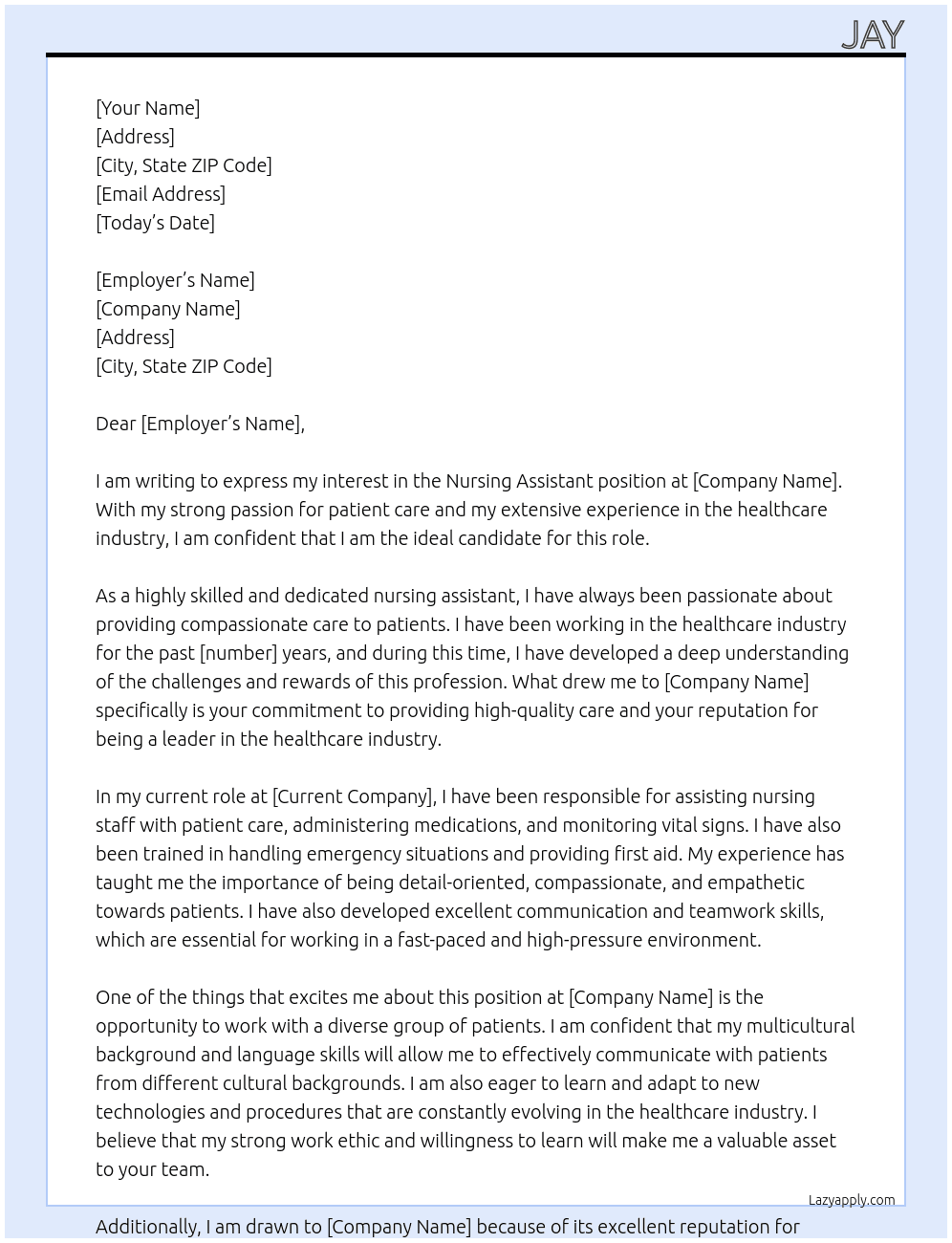 nursing assistant At company Cover Letter