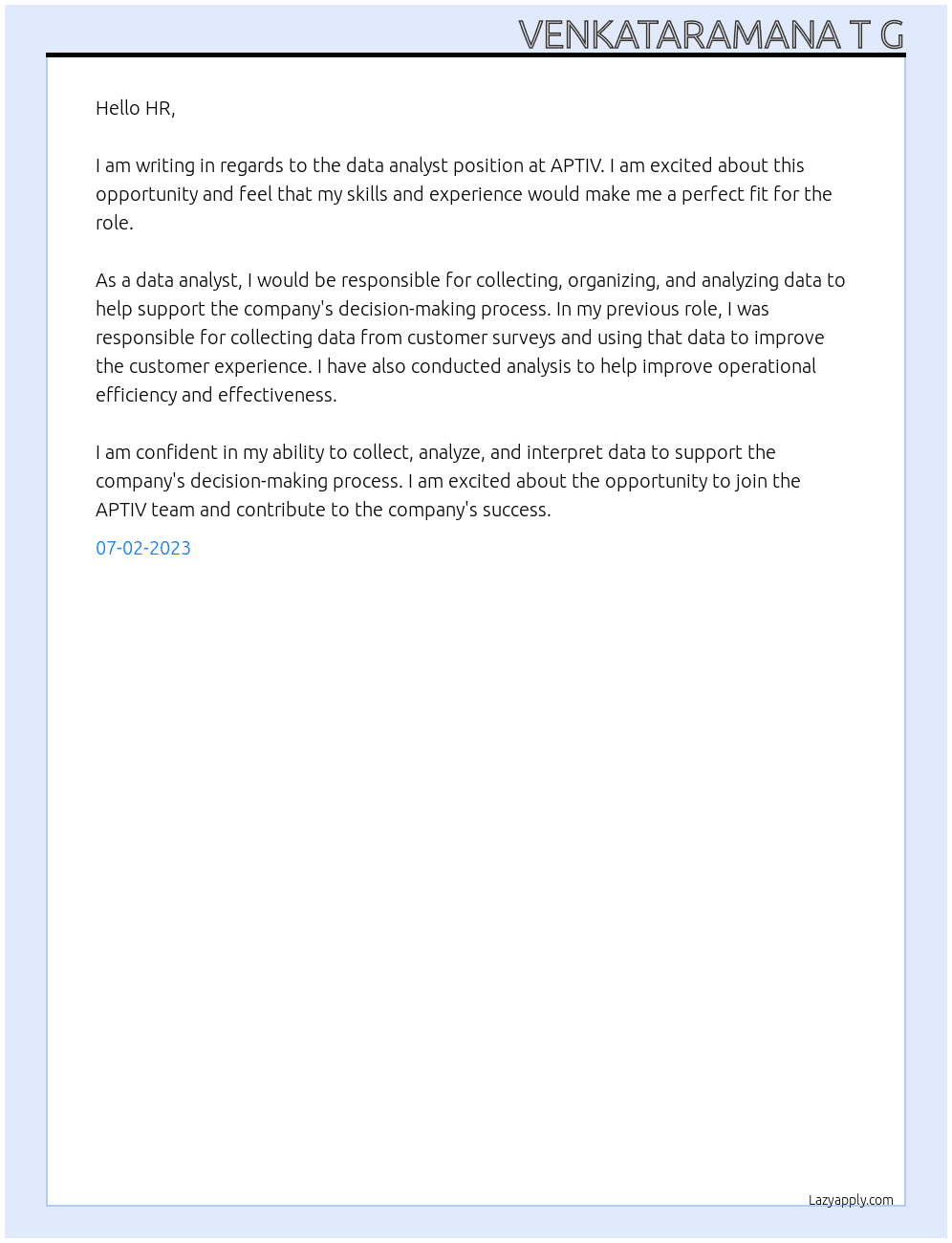 data analyst At APTIV Cover Letter
