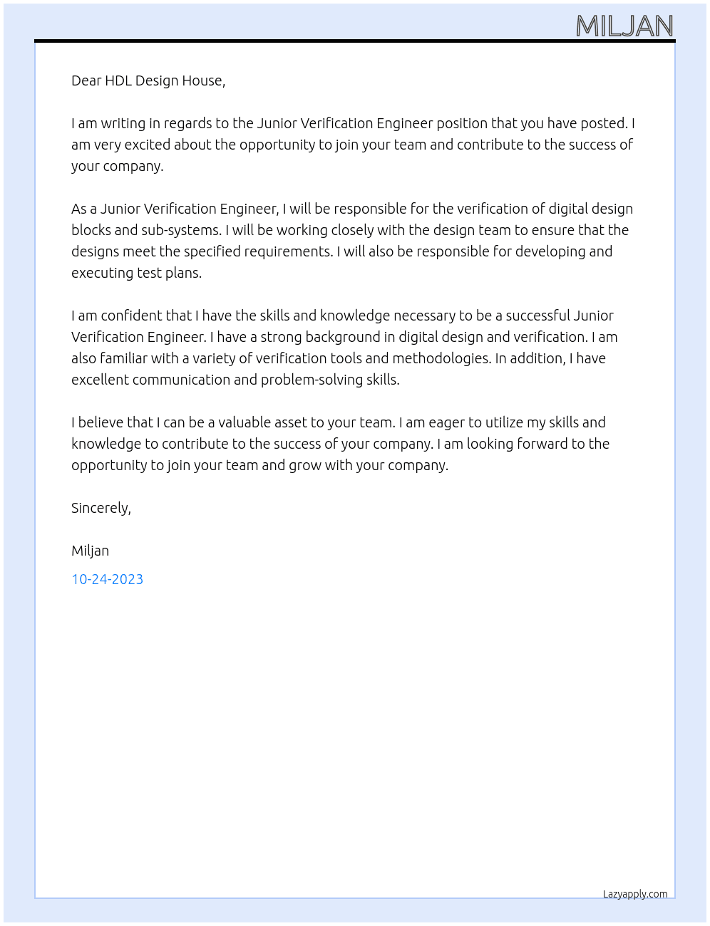 Junior Verification Engineer At HDL Design House Cover Letter